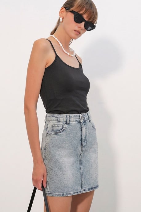 Hoge Taille Polkadot Denim Mini Rok - Image 3