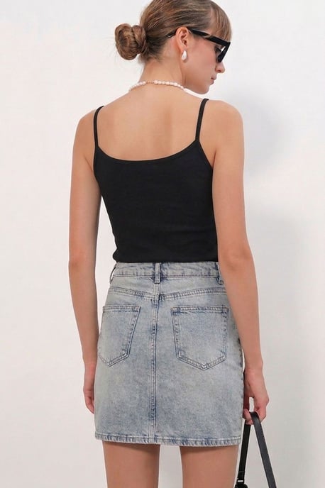 Hoge Taille Polkadot Denim Mini Rok - Image 4