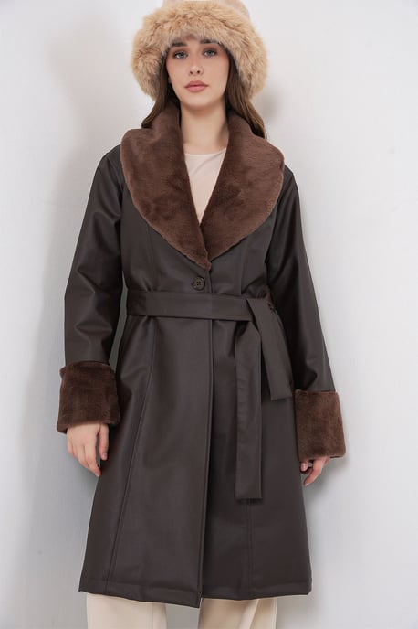 Long Faux Leather Coat with Shawl Collar - Image 1
