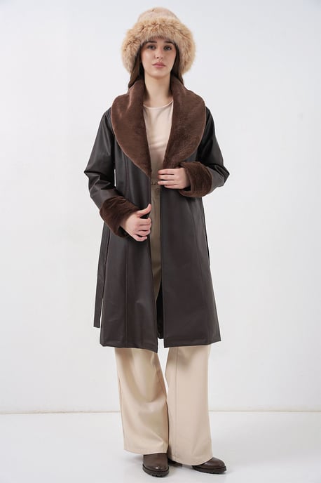 Long Faux Leather Coat with Shawl Collar - Image 2