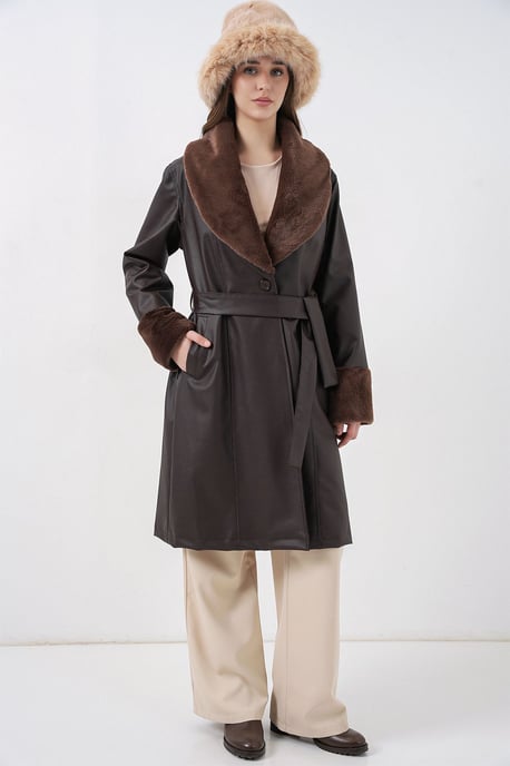 Long Faux Leather Coat with Shawl Collar - Image 3
