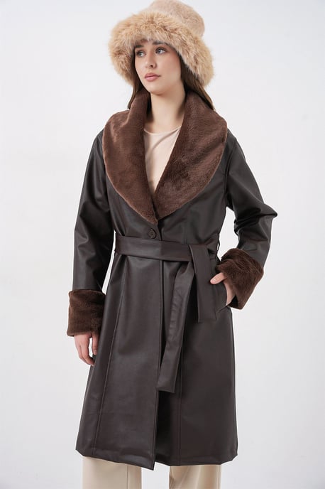 Long Faux Leather Coat with Shawl Collar - Image 4