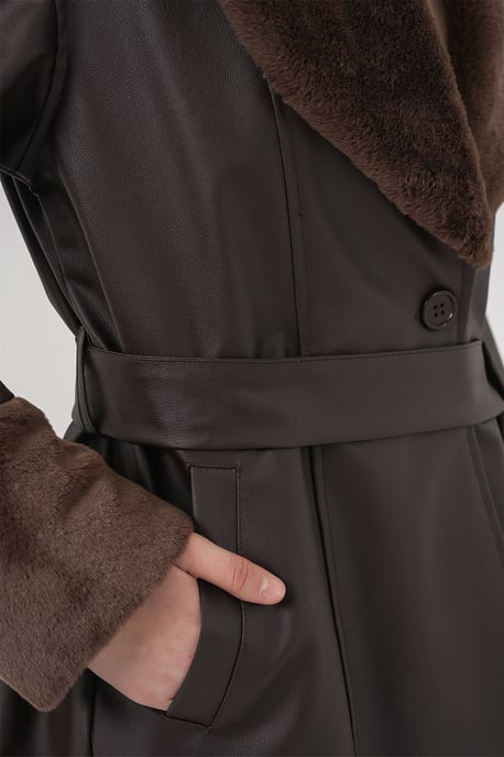Long Faux Leather Coat with Shawl Collar - Image 5