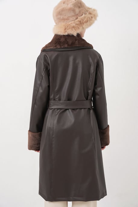 Long Faux Leather Coat with Shawl Collar - Image 6