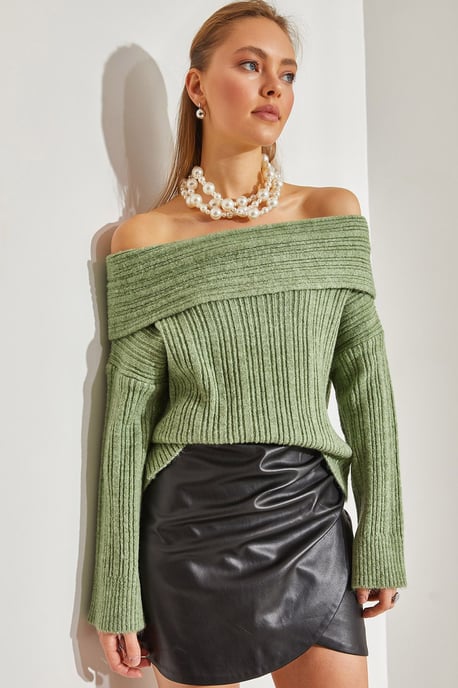 Off Shoulder Ribbed Knit Sweater - Image 1