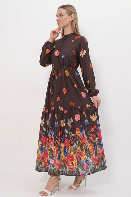 Buttoned Crew Neck Maxi Dress with Waistband - Image 2