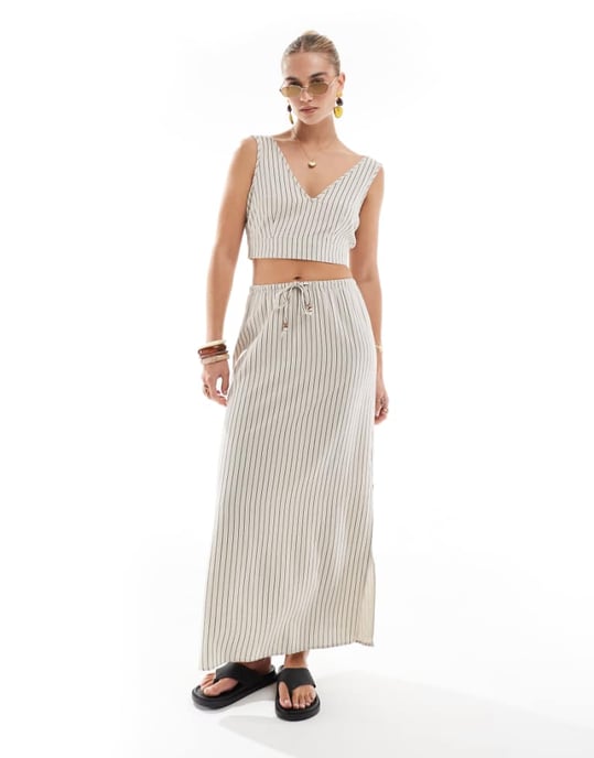 Vero Moda linnekänsla maxikjol i stenrand - Image 1