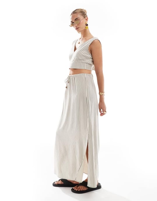 Vero Moda linnekänsla maxikjol i stenrand - Image 4