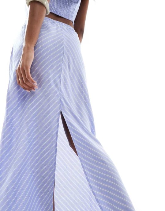 ONLY high waist maxi skirt co-ord in diagonal blue stripes - Image 1
