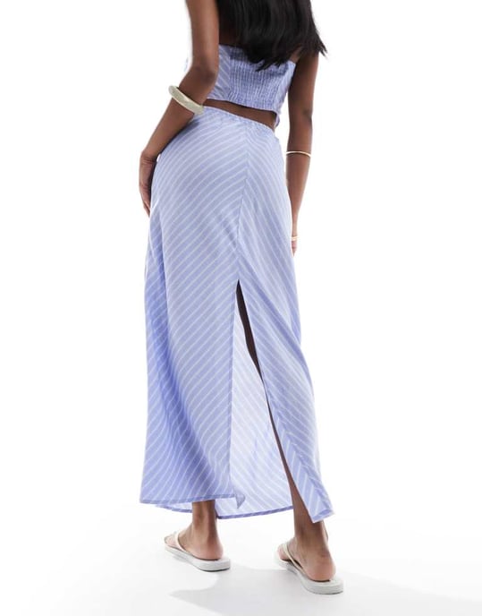 ONLY high waist maxi skirt co-ord in diagonal blue stripes - Image 2