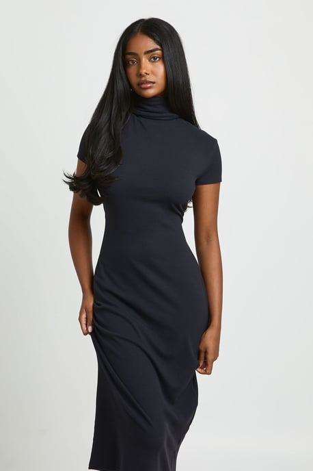 Basic Supersoft Roll Neck Cap Sleeve Midi Dress - Image 1