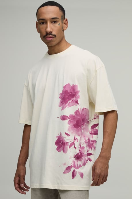 Ecru Oversized Blurred Floral Print T-Shirt - Image 1