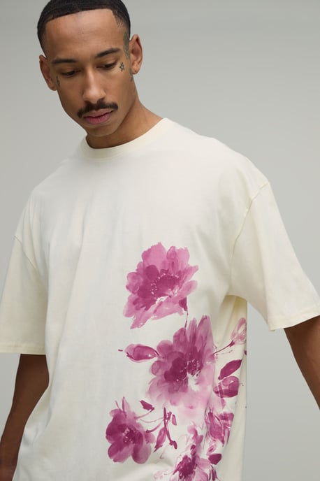 Ecru Oversized Blurred Floral Print T-Shirt - Image 2
