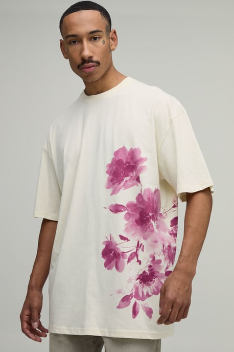 Ecru Oversized Blurred Floral Print T-Shirt - Image 4