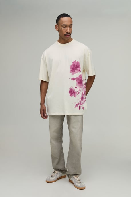 Ecru Oversized Blurred Floral Print T-Shirt - Image 5