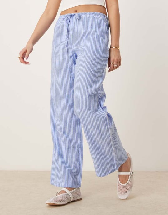 Gina Tricot vida linneblandade byxor med dragsko i midjan i blå och vita ränder - Image 3