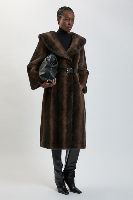 Faux Fur Oversize Collar Belted Midi Coat - Image 1