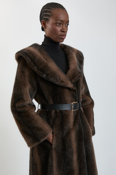 Faux Fur Oversize Collar Belted Midi Coat - Image 2