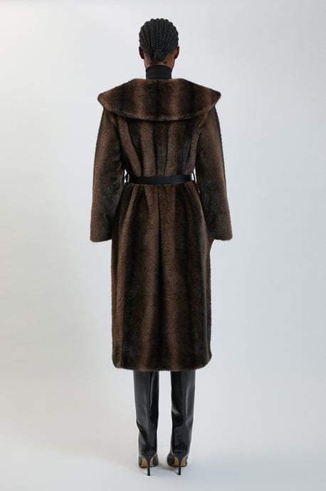 Faux Fur Oversize Collar Belted Midi Coat - Image 3