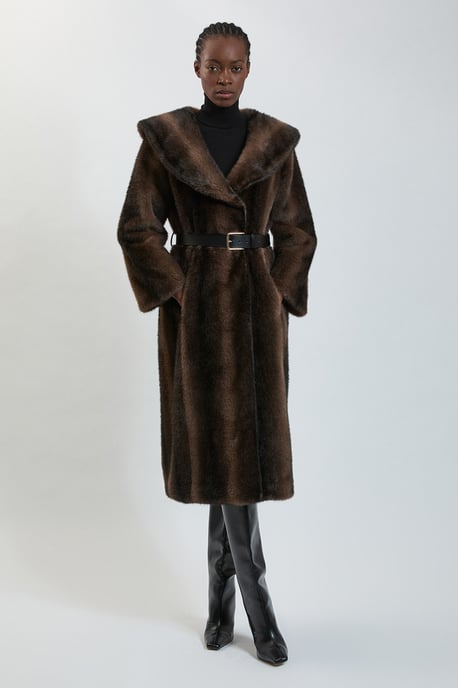Faux Fur Oversize Collar Belted Midi Coat - Image 4