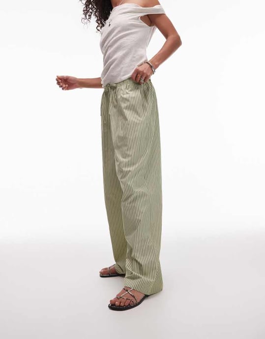 Topshop poplin byxor med vida ben i grön rand - Image 3
