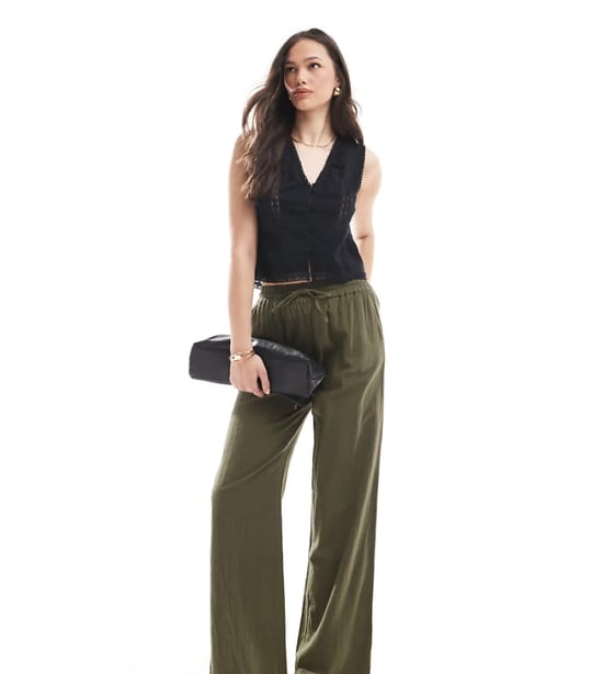 Bara långa vida linne-look byxor i khaki - Image 1