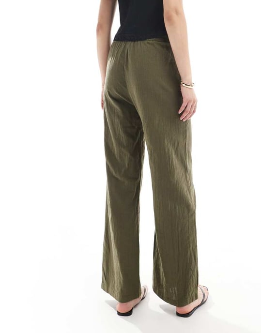 Bara långa vida linne-look byxor i khaki - Image 3