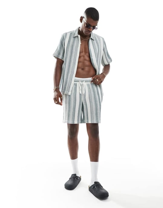 ONLY & SONS waffle short co-ord in white & green - Image 1