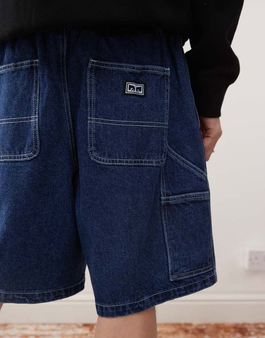 Obey lätt denim snickarshorts i stone wash indigo - Image 3
