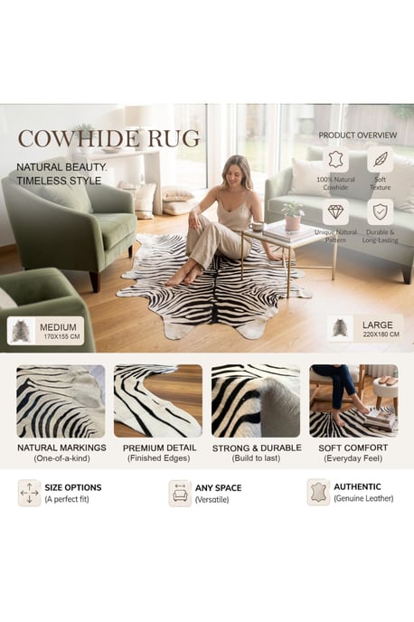 Natural Cow Real Leather Black White Zebra Print Cowhide Hairon Rug - Zebra - Image 3