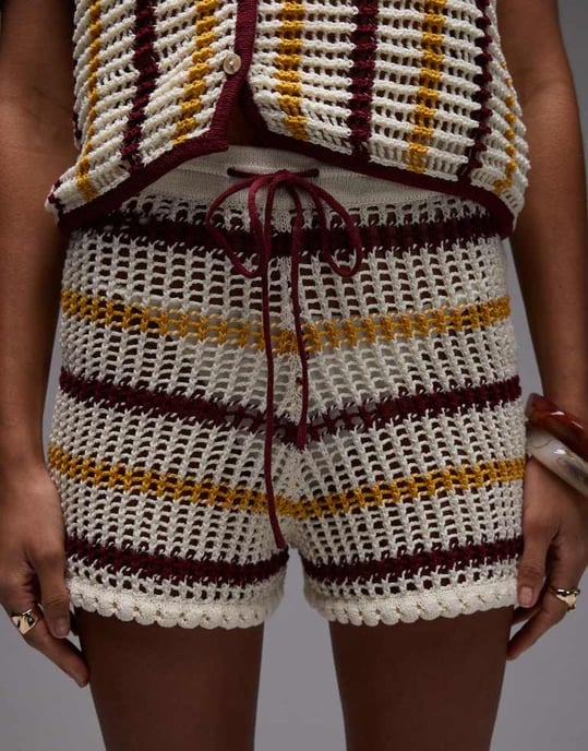 Topshop stickad koord öppen stickning randig korta i röd, senap och grädde - Image 4
