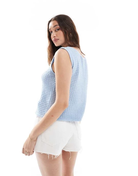 Vero Moda crochet knitted tie front top in soft blue - Image 2