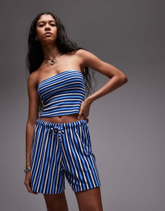 Topshop randig dragsko-handdukshorts koord i blått - Image 4