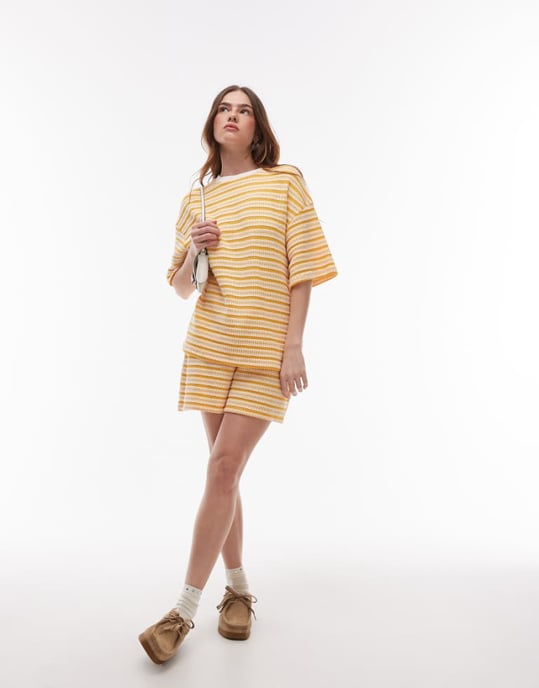 Topshop randiga strukturshorts set i orange - Image 1