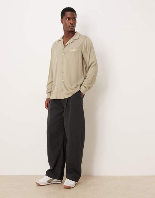 ASOS DESIGN co-ord regular revere shirt with chest embroidery in stone - Image 1