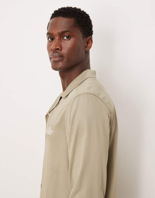 ASOS DESIGN co-ord regular revere shirt with chest embroidery in stone - Image 2