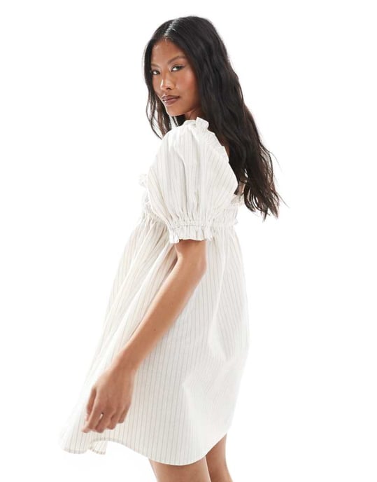 Miss Selfridge Petite garnfärgad randig smockklänning i beige rand - Image 4