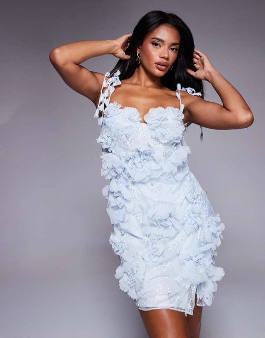 ASOS LUXE 3D blommor prydd spets mini klänning i ljusblå - Image 4