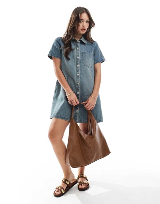 JJXX boxy denimskjortklänning i vintageblå - Image 3