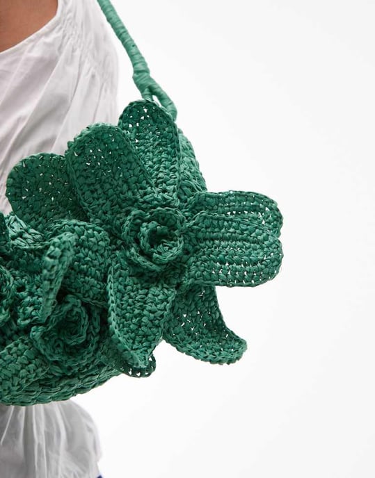 Topshop Sana stickad blommväska i grön - Image 3