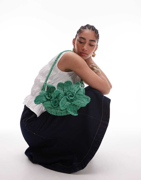 Topshop Sana stickad blommväska i grön - Image 4
