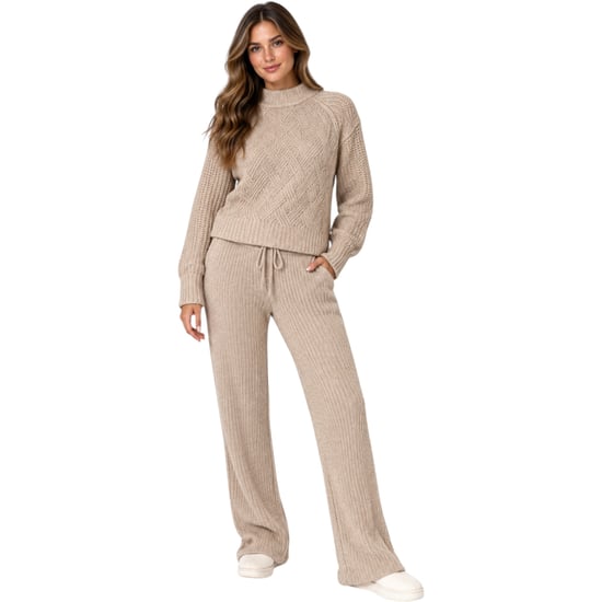 M&S Womens Kintted Loungewear Set Cable Knit Jumper Casual Wide Leg Trouser Set - Image 1