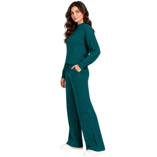 M&S Womens Kintted Loungewear Set Cable Knit Jumper Casual Wide Leg Trouser Set - Image 2