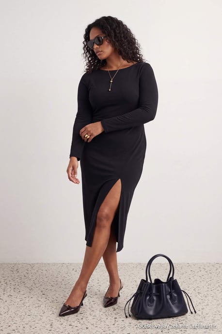 Trendyol Curve Dam Svart Enfärgad Midi Lång Bodycon Stora storlekar Klänning - Image 2