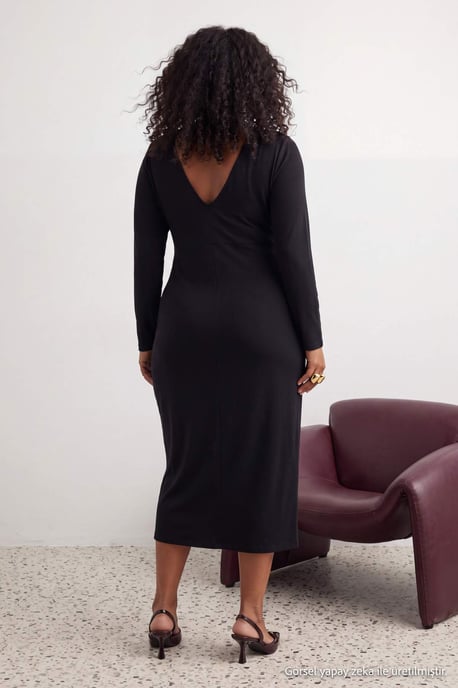 Trendyol Curve Dam Svart Enfärgad Midi Lång Bodycon Stora storlekar Klänning - Image 3