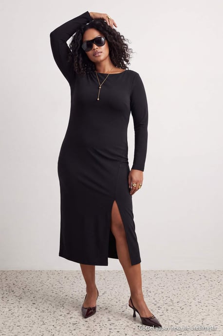 Trendyol Curve Dam Svart Enfärgad Midi Lång Bodycon Stora storlekar Klänning - Image 6