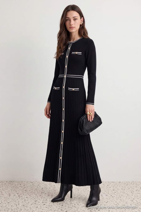 Trendyol Modest Dam Svart Colorblock Midi Lång A-linje Modest Klänningar - Image 2