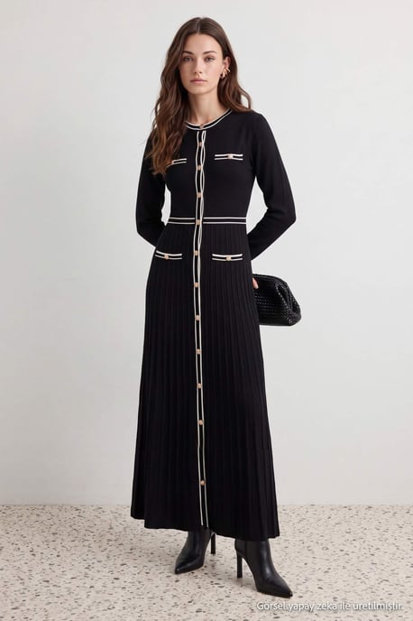 Trendyol Modest Dam Svart Colorblock Midi Lång A-linje Modest Klänningar - Image 3