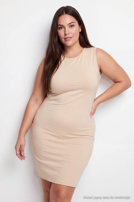 Trendyol Curve Women's Black Plain Midi Sleeveless Shift Plus Size Dress - Image 2