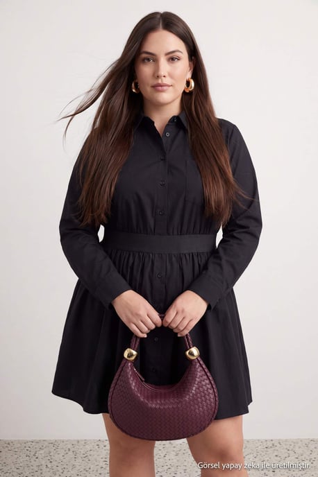 Trendyol Curve Dames Zwart Effen Kort / Mini Lang Blousejurk Grote maten Jurk - Image 2